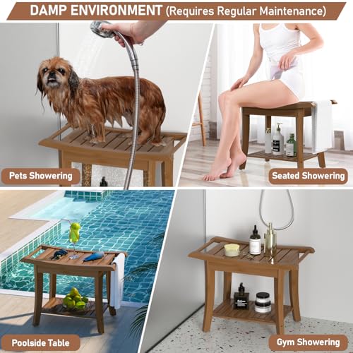 Bamboo Shower Stool Bench Waterproof with Storage Shelf for Shaving Legs or Spa Bath Seat in Bathroom & Inside Shower for Adults Seniors Elderly (24 x 13.4 x 18.5 inches+Walnut) - size: 24 x 13.4 x 18.5 inches+Walnut