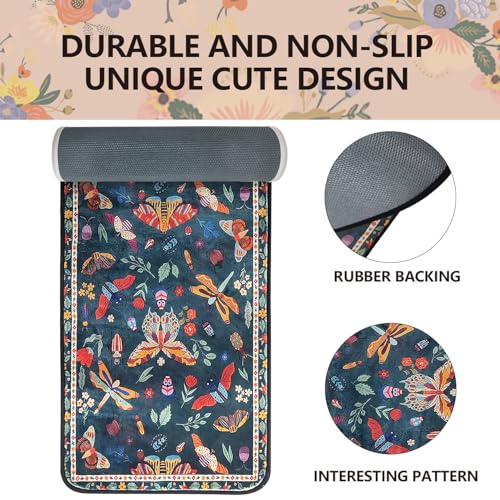 BBSET Boho Gothic Moth Bath Rug Runner 47 * 16inch Butterfly Plant Floral Bathroom Mat Non Slip Absorbent Cute Leaves Bathroom Mats (Butterfly) - color: Butterfly