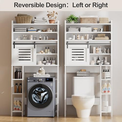 Over the Toilet Storage Cabinet, Bathroom Storage Cabinet Over Toilet with Sliding Doors, Freestanding Bathroom Cabinets Space Saver W/Adjustable Shelf, White