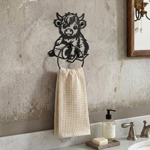 Pelopy Highland Cow Towel Holder Ring for Bathroom Cute Metal Cow Towel Hanger Wall Mounted Farmhouse Heavy Duty Hand Cloth Holder Round Washcloth Racks for Bathroom Kitchen Home Decor Gift - style: Highland Cow