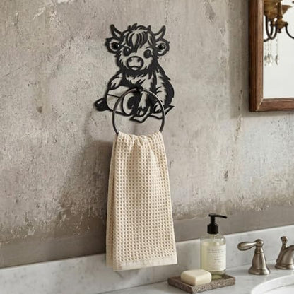 Pelopy Highland Cow Towel Holder Ring for Bathroom Cute Metal Cow Towel Hanger Wall Mounted Farmhouse Heavy Duty Hand Cloth Holder Round Washcloth Racks for Bathroom Kitchen Home Decor Gift - style: Highland Cow