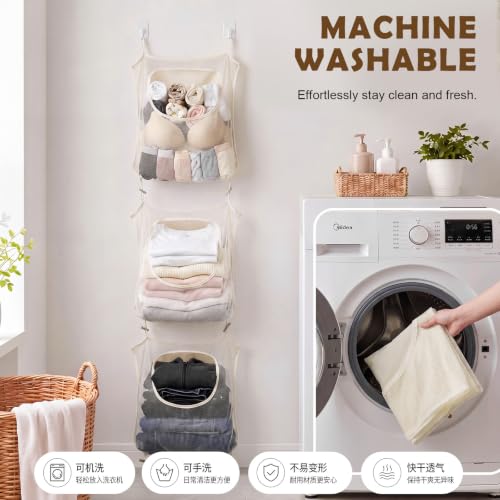 Tranqun 3 Pcs over The Door Hanging Laundry Hamper Mesh Laundry Bag | 65 x 19.7 in Hanging Laundry Bag with Pockets, Hooks, Behind The Door Clothes Organizer, for Bathroom Apartment College Dorm