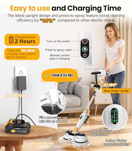 Qimedo Battery Electric Mop, Cordless Electric Scrubber & Flat Mop for Floor Cleaning, Best Automatic Spin Mops with Smart Display,Rotating Mops with LED Light & Water Spray