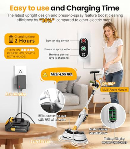 Qimedo Battery Electric Mop, Cordless Electric Scrubber & Flat Mop for Floor Cleaning, Best Automatic Spin Mops with Smart Display,Rotating Mops with LED Light & Water Spray