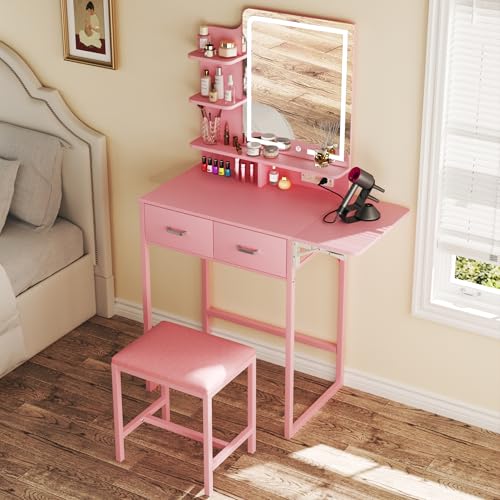 ALEXNUTRE Vanity Desk with Mirror and Lights, Small Vanity with Fabric Storage Drawer & Chair & Shelves, Makeup Vanity with Fold-up Panel and Power Outlet for Bedroom - style: Pink