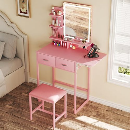 ALEXNUTRE Vanity Desk with Mirror and Lights, Small Vanity with Fabric Storage Drawer & Chair & Shelves, Makeup Vanity with Fold-up Panel and Power Outlet for Bedroom - style: Pink