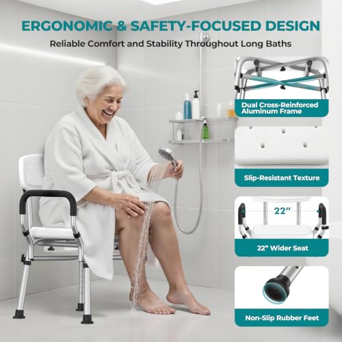 Shower Chair for Inside Shower with Arms & Back, 550 lbs, 6 Heights | Dual Crossbar Frame, Non-Slip Feet, 22-Inch EVA-Cushioned Seat, Showerhead Holder, Rust-Resistant Aluminum, Tool-Free Setup - color: White