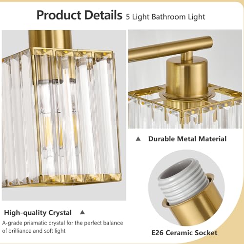 5 Light Bathroom Light Fixtures, Modern Crystal Vanity Lights over Mirror | Metal Frame, Bathroom Light with Square Crystal Shade, ETL Certified, E26 Ceramic Socket, Bulbs Not Included - color: Gold, size: 5-Light