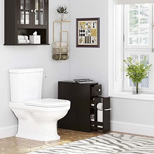 Spirich Small Bathroom Storage Cabinet with Toilet Paper Holder, Espresso | Slide-Out Drawers, Hidden Top Compartment, Toilet Paper Storage, Slim Freestanding Design for Bathrooms and Narrow Spaces - color: Espresso