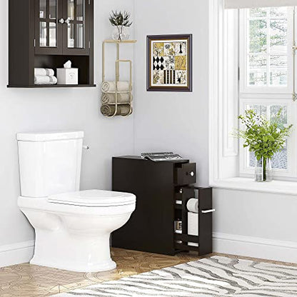 Spirich Small Bathroom Storage Cabinet with Toilet Paper Holder, Espresso | Slide-Out Drawers, Hidden Top Compartment, Toilet Paper Storage, Slim Freestanding Design for Bathrooms and Narrow Spaces - color: Espresso