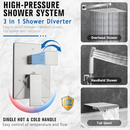 12 Inch Rainfall Shower System with Tub Spout Wall Mounted Complete Combo with Solid Brass Pressure Balancing Valve, High Pressure Shower Head, Handle Set & Installation Accessories - color: Brushed Nickel