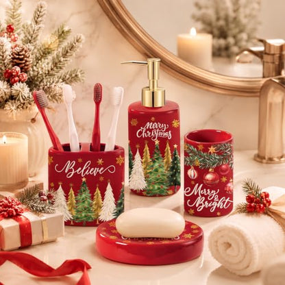 4 Pcs Christmas Ceramic Bathroom Accessories Gifts Xmas Tree Bath Tumbler Soap Dispenser Toothbrush Holder Soap Tray Merry Xmas Bathroom Decorations(Red Merry Christmas) - style: Red Merry Christmas