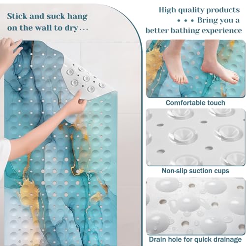 Marble Bath Tub Mat Non Slip, Green Blue Marble Non Slip Bath Mat for Shower, Large Washable Shower Mats for Showers with Drain Holes and Suction Cups,40 X 16 Inch - color: Green Blue Marble