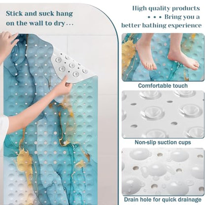 Marble Bath Tub Mat Non Slip, Green Blue Marble Non Slip Bath Mat for Shower, Large Washable Shower Mats for Showers with Drain Holes and Suction Cups,40 X 16 Inch - color: Green Blue Marble