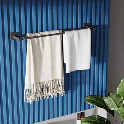 RUACQ Double Towel Bar 24" Towel Racks for Bathroom Wall Mounted Black | One-Piece Bath Towel Holder, Total Length 26 Inch Single Towel Rod, 304 Stainless Steel Rustproof, Square Base, Heavy Duty - color: Matte Black, size: 24 inch(Center to Center) Doubl