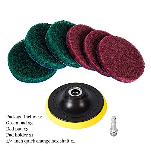4 Inch Drill Powered Brush Tile Scrubber Scouring Pads Cleaning Kit | Pad Holder and Metal Shaft Included - size: 4 Inch
