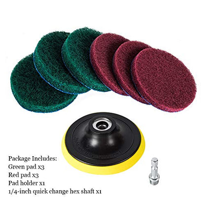 4 Inch Drill Powered Brush Tile Scrubber Scouring Pads Cleaning Kit | Pad Holder and Metal Shaft Included - size: 4 Inch