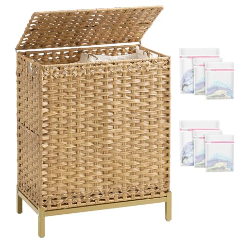 SETVSON Laundry Hamper with Lid, 112 L Handwoven Rattan Wicker Laundry Basket, 2 Removable Liner Bags Metal Heightened Feet, 6 Mesh Bags, 2 Section Large Clothes Hamper for Bathroom Bedroom, Natural - color: Natural, size: 112 L - 29.6 gal
