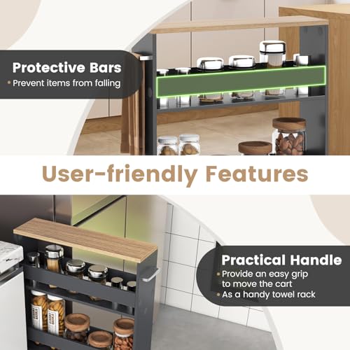 COSTWAY Slim Rolling Storage Cart, 4-Tier Rolling Utility Cart, Wood Kitchen Storage Cart with Handle & Wheels, Narrow Rolling Shelving Unit for Kitchen Bathroom Laundry Small Places (Grey) - color: Grey
