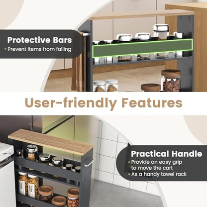 COSTWAY Slim Rolling Storage Cart, 4-Tier Rolling Utility Cart, Wood Kitchen Storage Cart with Handle & Wheels, Narrow Rolling Shelving Unit for Kitchen Bathroom Laundry Small Places (Grey) - color: Grey