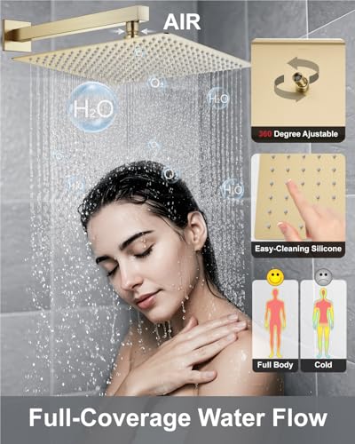 Aolemi Shower System with Rain Head and Handheld,16-Inch,Brushed Gold | High-Pressure Shower Faucet Set with Dual-Function Handheld,Rough-In Valve,1.8 GPM,Wall-Mount Trim Kit - color: Brushed Gold, size: 16 Inch