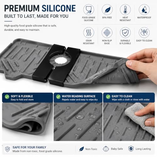 Sink Splash Guard [2-Pack, Grey] - 14.6" Silicone Faucet Mat for Kitchen Sink, Drip Catcher & Countertop Protector | Foldable Kitchen Sink Faucet Mat, Water Drainage Pad for Bathroom & RV