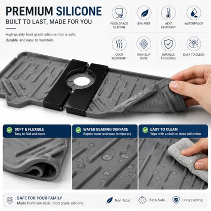 Sink Splash Guard [2-Pack, Grey] - 14.6" Silicone Faucet Mat for Kitchen Sink, Drip Catcher & Countertop Protector | Foldable Kitchen Sink Faucet Mat, Water Drainage Pad for Bathroom & RV
