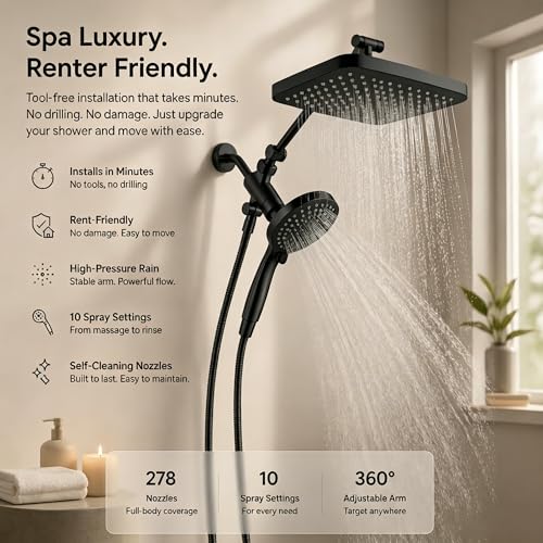 High Pressure Shower Head with Handheld, Upgrade Rain Shower Heads with Fixed Showerhead Combo, 10 Sprays Handheld Shower Head Built in Power Jets, 71" Long Hose, Matt Black - color: Black