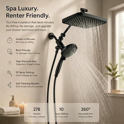 High Pressure Shower Head with Handheld, Upgrade Rain Shower Heads with Fixed Showerhead Combo, 10 Sprays Handheld Shower Head Built in Power Jets, 71" Long Hose, Matt Black - color: Black