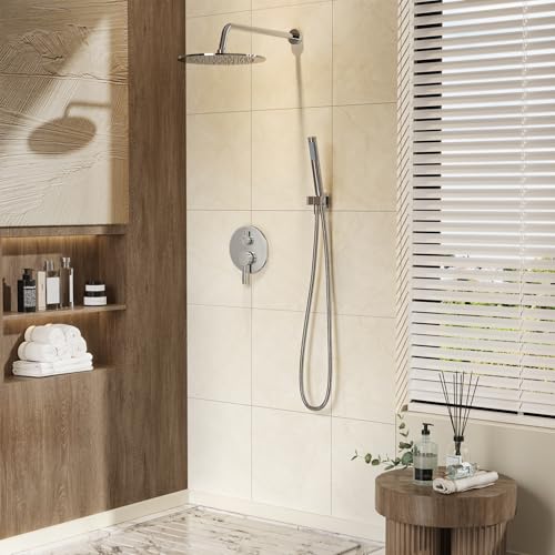 Gabrylly Shower System, 10" Wall Mounted Shower Faucet Set, Chrome | Rain Shower Head with Handheld Spray Combo, All Metal Rainfall Shower Head Complete Set Shower Mixer Valve for Bathroom - color: Chrome