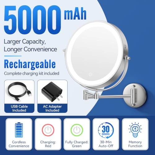 Auxmir 9″ 5000mAh 1X/30X Wall Mounted Lighted Magnifying Makeup Mirror | Power Adapter&2 Tweezers Included/ 3 Dimmable Colors/ Dual Sided Button Control/ Rechargeable/ 360° Rotation Extended Arm - color: 9'' 30x-chrome+adapter