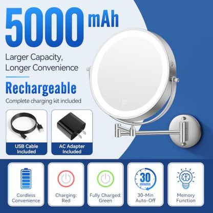 Auxmir 9″ 5000mAh 1X/30X Wall Mounted Lighted Magnifying Makeup Mirror | Power Adapter&2 Tweezers Included/ 3 Dimmable Colors/ Dual Sided Button Control/ Rechargeable/ 360° Rotation Extended Arm - color: 9'' 30x-chrome+adapter