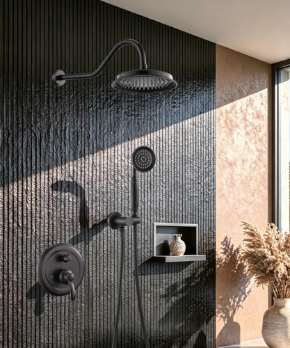 Antique Shower Faucet Head System Set,Oil Rubbed Bronze Vintage Rain Shower Head and Handle Set Complete,Rikaziya luxury Wall 9" Rainfall Handheld Spray Faucet System with Upgrade Brass Valve Trim Kit - color: Oil Rubbed Bronze