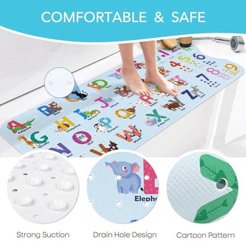 SHUCHING Baby Bath Mat for Tub Non Slip-40x16 Inch, ABC | Bathtub Mat for Kids & Toddler Mold Free, Long Shower Mat for Inside Shower with Suction Cup, Machine Washable - color: Alphabet