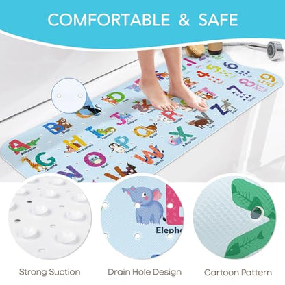 SHUCHING Baby Bath Mat for Tub Non Slip-40x16 Inch, ABC | Bathtub Mat for Kids & Toddler Mold Free, Long Shower Mat for Inside Shower with Suction Cup, Machine Washable - color: Alphabet