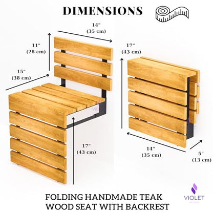 Folding Wall Mounted Teak Wood Shower Seat with Backrest, Water Resistant Foldable Bathroom Stool with Legs, Premium Materials Handmade Shoe Changing Bench, Space Saving and Super Safe Chair (Natural) - color: Natural