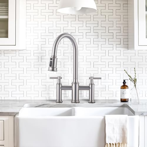 Brushed Nickel Bridge Kitchen Faucet: 3 Holes Kitchen Faucet with Pull Down Sprayer - Two Handles 8 Inch Centerset Kitchen Sink Faucet, 360° Swivel Spout - color: Brushed Nickel