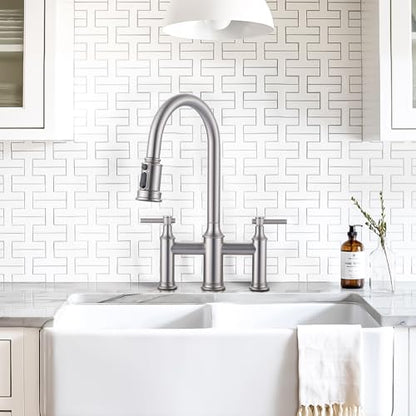 Brushed Nickel Bridge Kitchen Faucet: 3 Holes Kitchen Faucet with Pull Down Sprayer - Two Handles 8 Inch Centerset Kitchen Sink Faucet, 360° Swivel Spout - color: Brushed Nickel