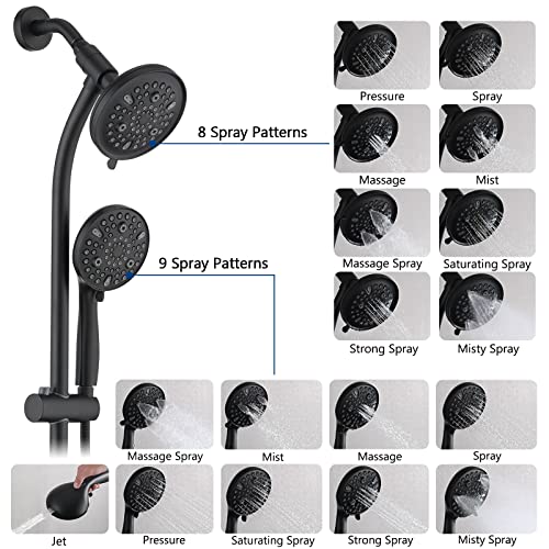 Modern Rainfall Shower Head with Handheld Shower Spray, 26-Inch Adjustable Height Slide Bar, High Pressure Dual Shower Head Combo, 3-Way Diverter for Easy Reach, 5-Foot Hose - Matte Black - color: Matte Black