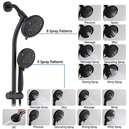 Modern Rainfall Shower Head with Handheld Shower Spray, 26-Inch Adjustable Height Slide Bar, High Pressure Dual Shower Head Combo, 3-Way Diverter for Easy Reach, 5-Foot Hose - Matte Black - color: Matte Black