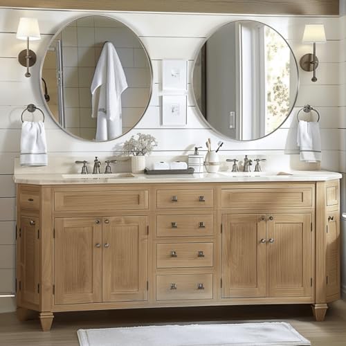 ANDY STAR Round Bathroom Mirror, 24’’ Brushed Silver Round Bathroom Mirrors in Stainless Steel Metal Frame 1" Deep Set Design | Rust-Proof Stainless Steel Thin Frame, Shatterproof HD Glass, 9mm MDF Backboard, Ideal for Living Room, Bedroom, Entryway - col