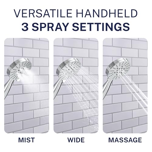 HammerHead Showers® Solid Metal 3-Spray Hand Held Shower Head, Chrome | Select from Wide, Massage, and Mist Sprays | 2.5 GPM High Flow Handheld Showerhead | Made from 304 Stainless Steel - color: Chrome, size: 2.5 GPM