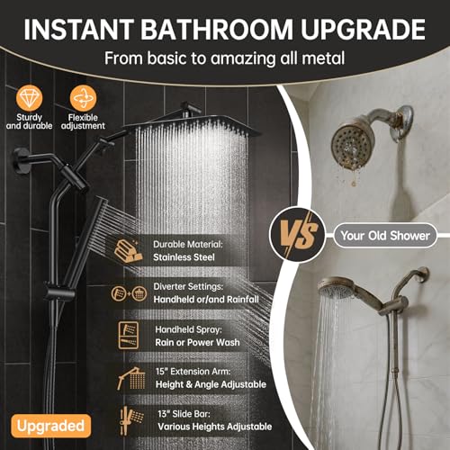 Veken All Metal 10" Luxurious Rain Shower Head with Handheld Spray,Square | Best Dual High Pressure Shower Heads Combo,Double Detachable Showerhead, Adjustable Rainfall,Bathroom Accessories,Matte Black - color: Black Matte, size: 10 Inch