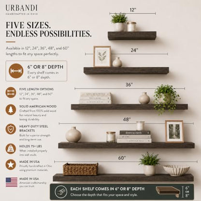 Floating Wall Shelves, Solid Natural Wood, Large and Small-Kitchen and Bathroom Shelf, Heavy Duty, Made in USA Set of 2 (Jacobean, 12Wx6D) - color: Jacobean, size: 12Wx6D