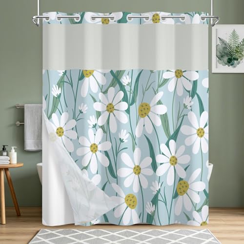 Hook-Free Floral Shower Curtains for Bathroom, Fabric Shower Curtain with Weighted Shower Curtain Liner and Ventilation Window, Daisy Pattern Farmhouse Waterproof Bath Curtain, 71x74 Inch - color: Daisy Garden