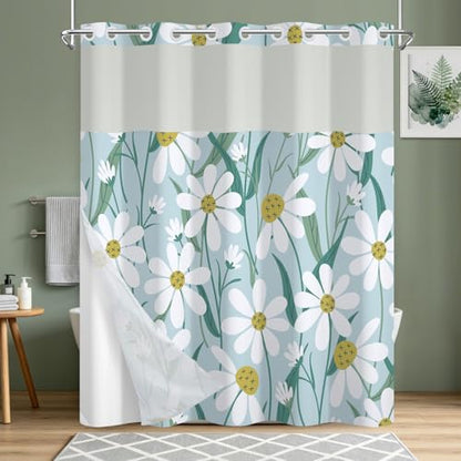 Hook-Free Floral Shower Curtains for Bathroom, Fabric Shower Curtain with Weighted Shower Curtain Liner and Ventilation Window, Daisy Pattern Farmhouse Waterproof Bath Curtain, 71x74 Inch - color: Daisy Garden