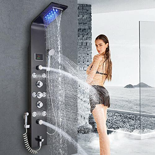 Stainless Steel Shower Panel Tower System LED Rainfall Waterfall Shower Head 6-Function Faucet Rain Massage System with Body Jets