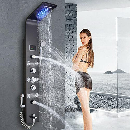 Stainless Steel Shower Panel Tower System LED Rainfall Waterfall Shower Head 6-Function Faucet Rain Massage System with Body Jets