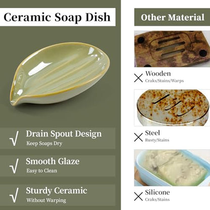 Soap Holder, Self-Draining Soap Dish, Leaf Shape Ceramic Green Bar Soap Holder Drain Soap Dishes for Bathroom Sink Kitchen, Easy to Clean Keeps Soap Dry, ANTIS'S HOME - color: Green-1pcs