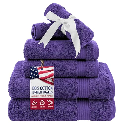 American Veteran Towel, 6 Piece Towel Set for Bathroom, 100% Cotton Turkish Bathroom Towels, 2 Bath Towels 2 Hand Towels 2 Washcloths, Purple - color: Purple, size: X Large 6 PC